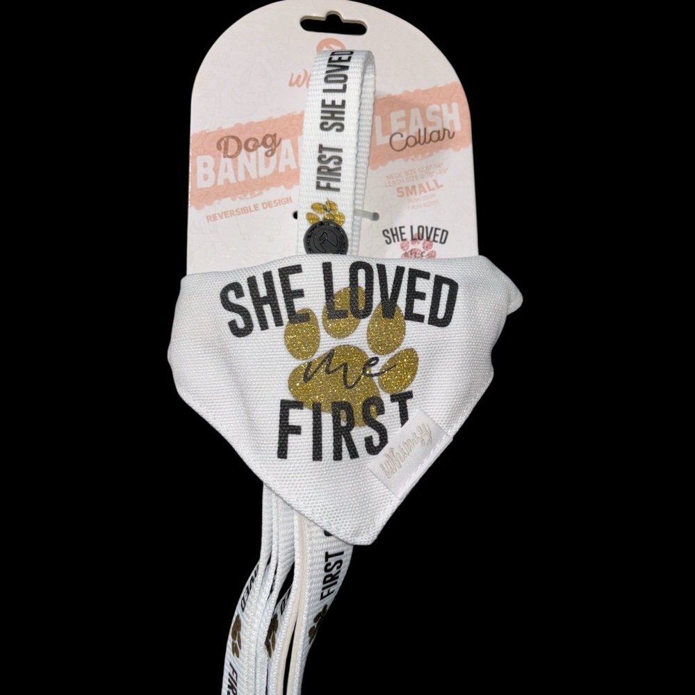 She Loved Me First ❣️❤️White and Gold Dog Bandana and Leash Set